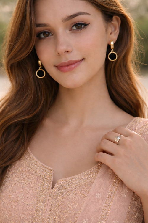 Classic Gold Dangle Earrings with Black Stone – Timeless Style