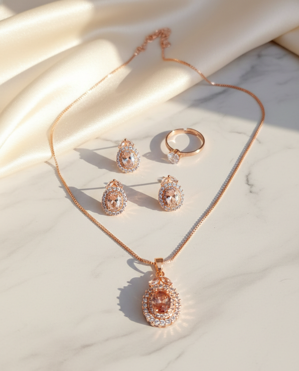 Elegant Rose Gold Crystal Jewelry Set for Women | Necklace, Ring & Drop Earrings