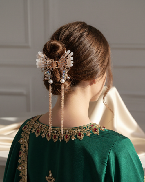 Butterfly Pearl Tassel Hair Clip, Elegant Butterfly Claw Clip