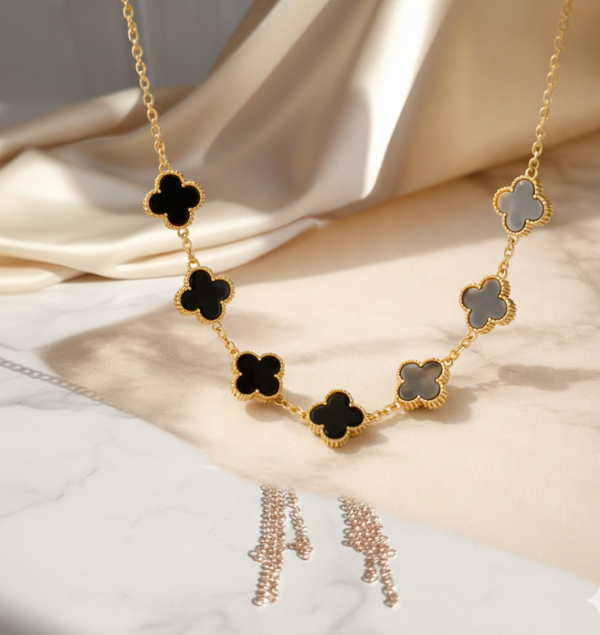 Stainless Steel Black Clover Necklace – Elegant Gold Chain for Women